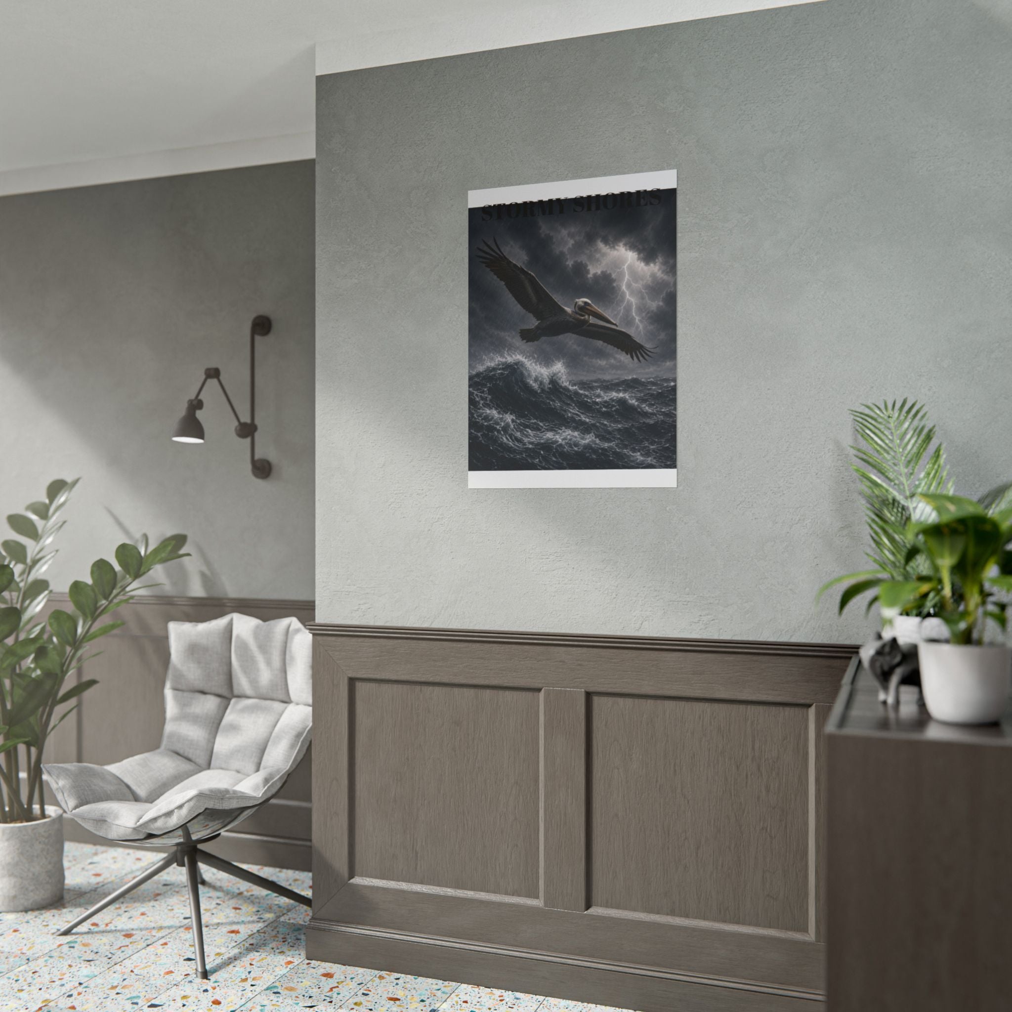 Stormy Shores Pelican Poster — Dramatic Ocean Wall Art, Rolled Poster