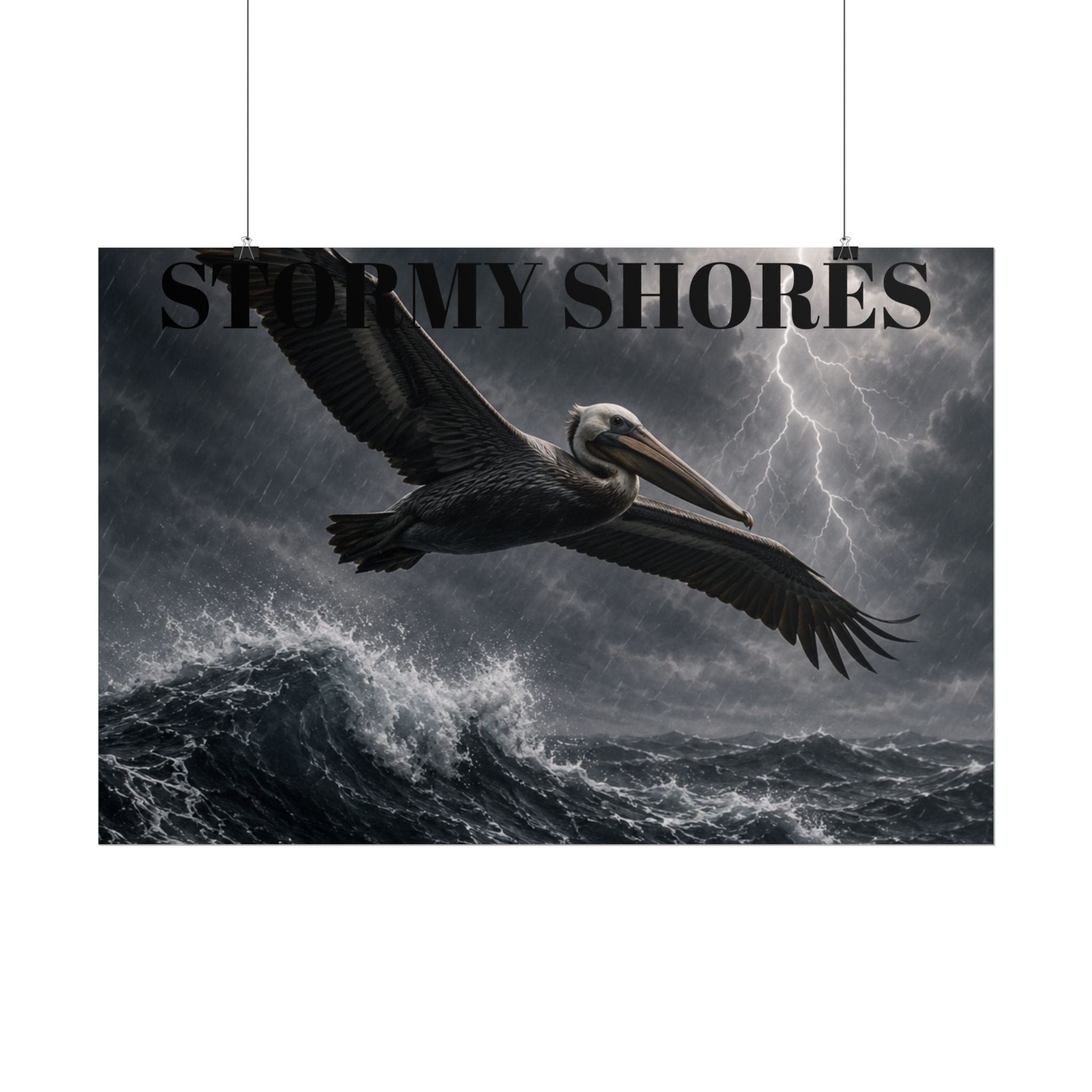 Stormy Shores Pelican Poster — Dramatic Ocean Wall Art, Rolled Poster
