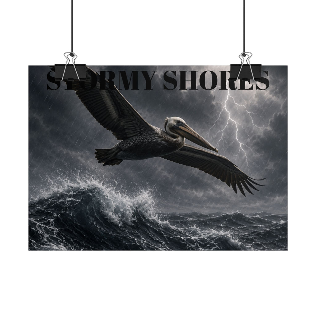 Stormy Shores Pelican Poster — Dramatic Ocean Wall Art, Rolled Poster