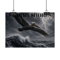Stormy Shores Pelican Poster — Dramatic Ocean Wall Art, Rolled Poster