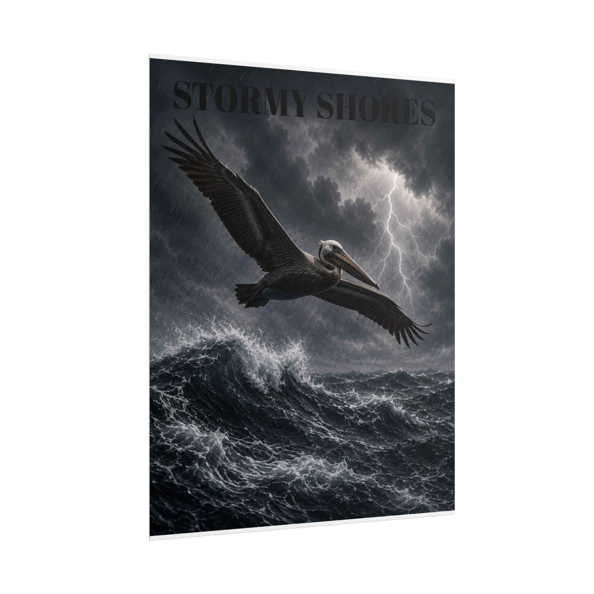Stormy Shores Pelican Poster — Dramatic Ocean Wall Art, Rolled Poster