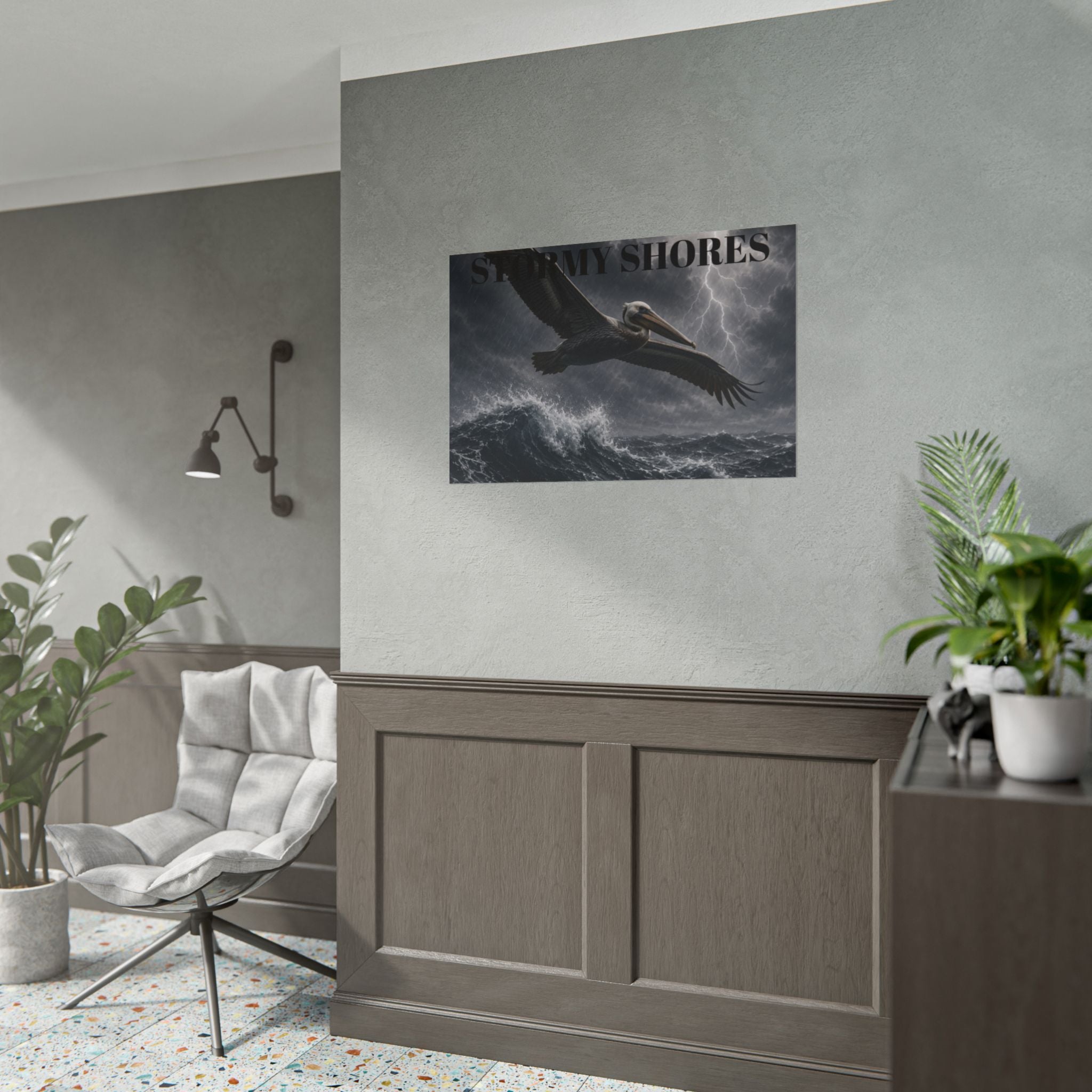 Stormy Shores Pelican Poster — Dramatic Ocean Wall Art, Rolled Poster