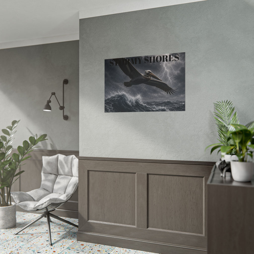 Stormy Shores Pelican Poster — Dramatic Ocean Wall Art, Rolled Poster
