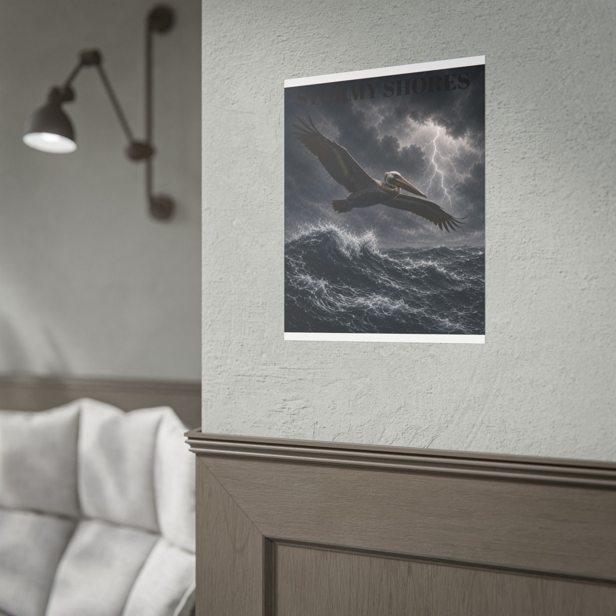 Stormy Shores Pelican Poster — Dramatic Ocean Wall Art, Rolled Poster