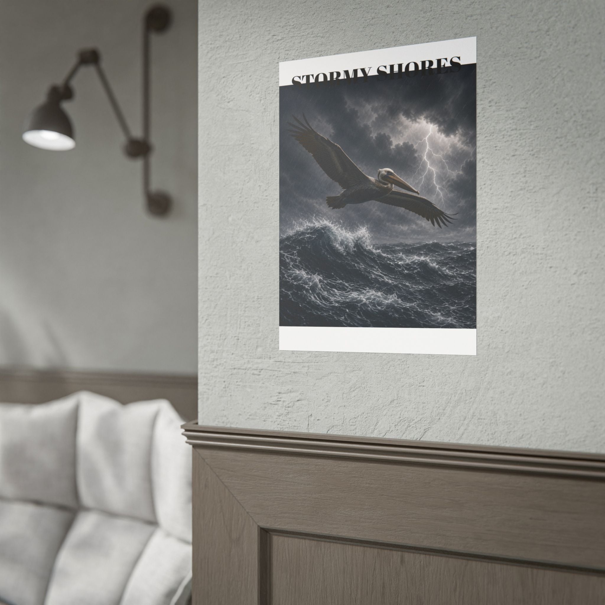 Stormy Shores Pelican Poster — Dramatic Ocean Wall Art, Rolled Poster